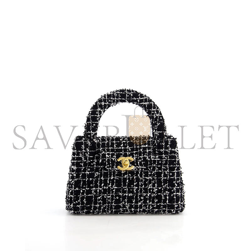 CHANEL SMALL KELLY SHOPPER BLACK, WHITE & SILVER SEQUIN TWEED BRUSHED GOLD HARDWARE AS4416 (19*13*7cm)